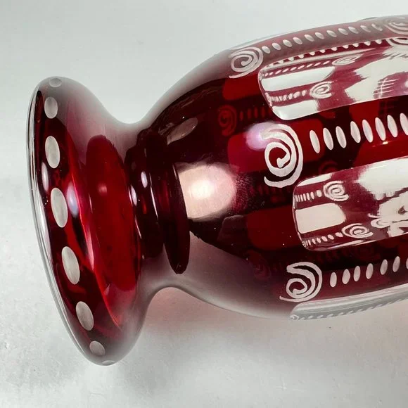 Vtg Egermann Vase Bohemian Ruby Red Cut To Clear Etched Glass Castle Bird Czech